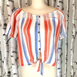 Stripped and tie front blouse with lace details